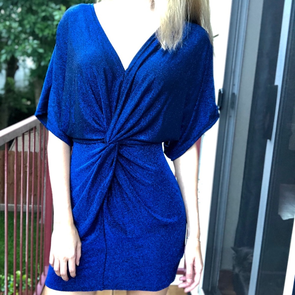 She+Sky Metallic Front Twist Dress in blue.